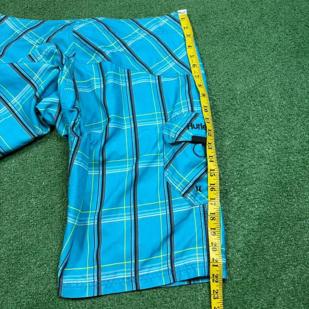 Hurley Board Shorts Blue Plaid Surf Swim Trunks Mens 34 Y2K Beach Summer Skate